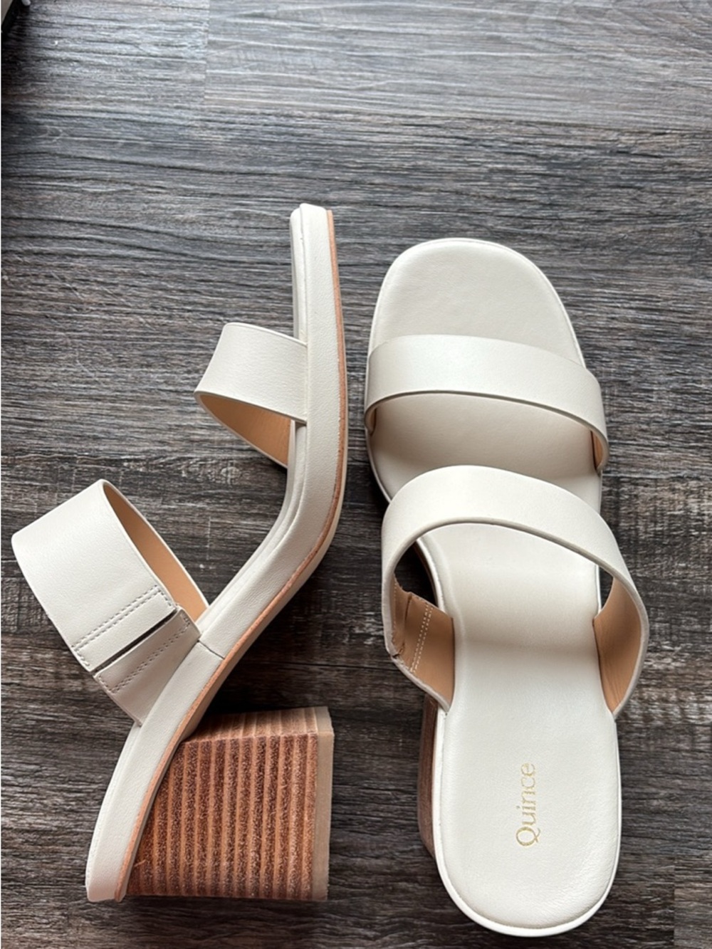 Quince Women's Cream Double-Strap Block Heel Mules, Italian Leather, New in Box!